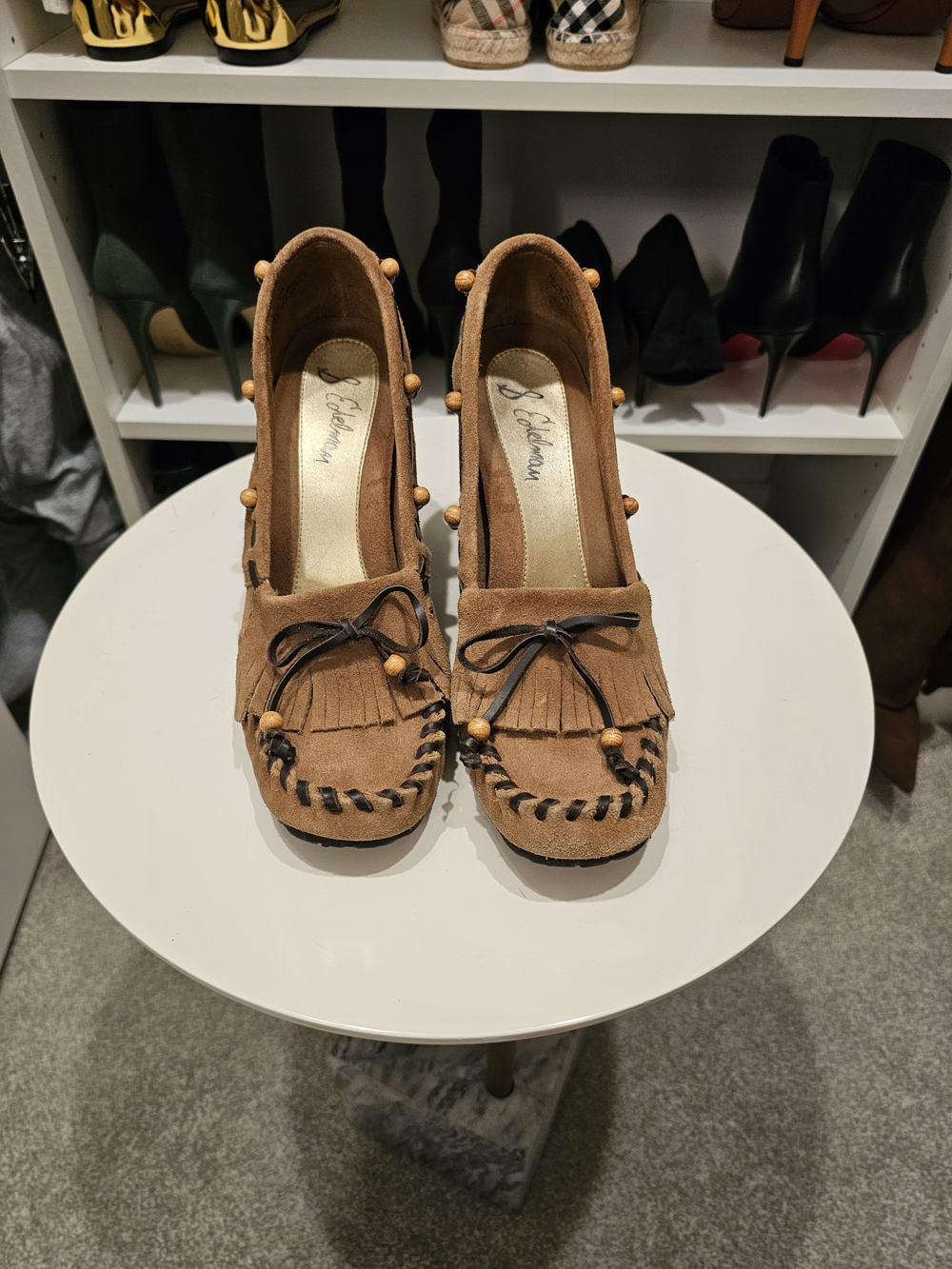 Sam Edelman Tan Suede Fringe Bead Wedge Moccasin Heels